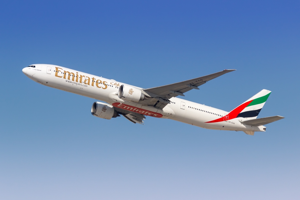 Global Connectivity - Al Marjan Island Location Emirates airline aircraft representing global connectivity from Al Marjan Island Ras Al Khaimah to 70% of world population within 8 hours flight time