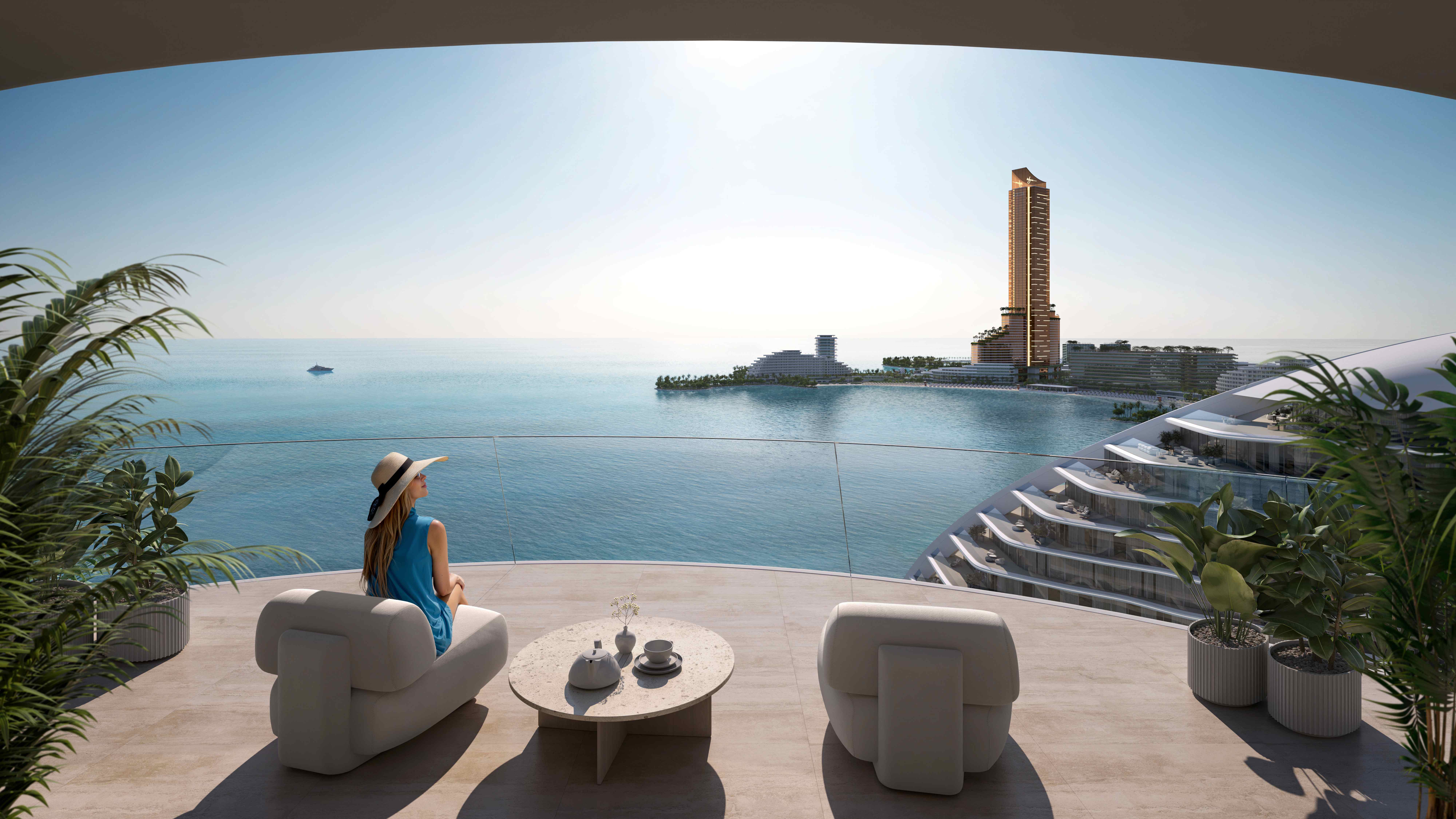 Rooftop Infinity Pool - Al Marjan Island Residences Private rooftop terrace with infinity pool, modern curved furniture, palm trees, and panoramic views of Arabian Gulf and Wynn tower at Al Marjan Island luxury residences