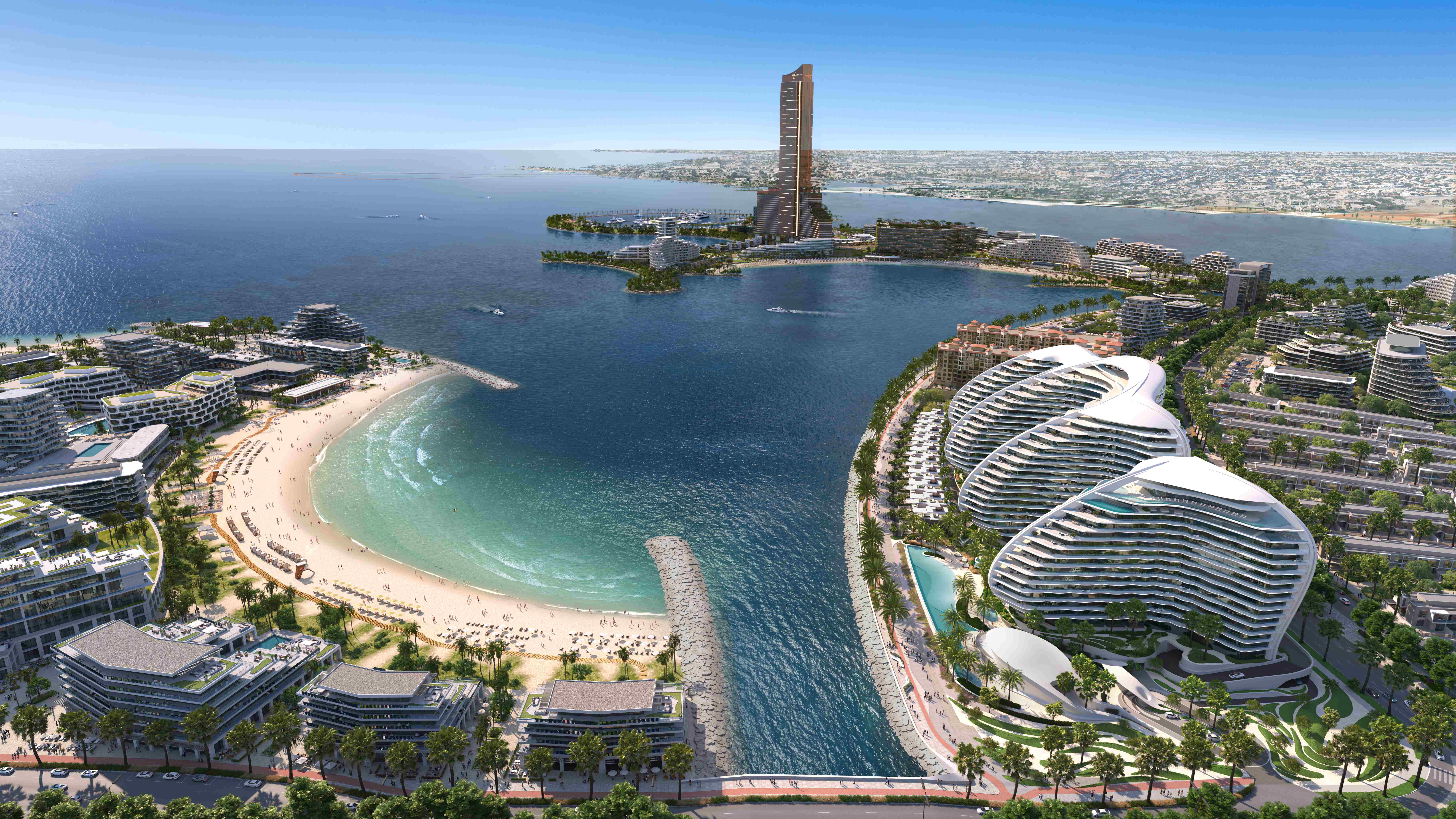 Al Marjan Island Luxury Investment Opportunity - Wynn Resort Casino - Ras Al Khaimah UAE Al Marjan Island aerial masterplan Ras Al Khaimah showing Wynn Resort Casino tower, luxury residential beachfront developments, pristine white sand beaches and turquoise Arabian Gulf waters in UAE - Premium investment opportunity with 32% ROI and Golden Visa